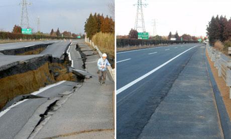 Composite showing how a road devastated by the earthquake was restored in six days in Naka, Japan