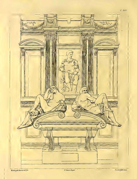 Michelangelo - Monumento di Giuliano De' Medici nella Basilica di S.Lorenzo - Illustrazione tratta dal libro “Monumenti sepolcrali della Toscana” con disegni di V.Gozzini incisi da G.P.Pasino sotto la direzione del Cav. P.Benvenuti e L.De Cambray Digny – Firenze, 1819