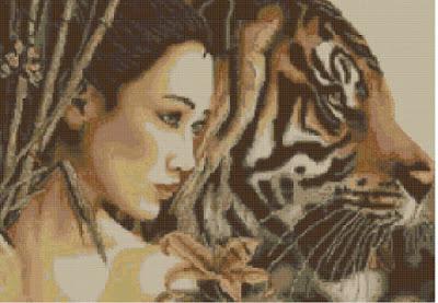 Schema a punto croce: Donna con tigre