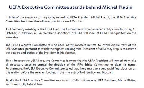 Il Comitato Esecutivo UEFA interviene a sostegno di Michel Platini