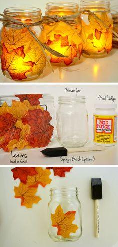 Fall Leaf, Mason Jar Candle Holder | 35 DIY Fall Decorating Ideas for the Home | Fall Craft Ideas for Adults