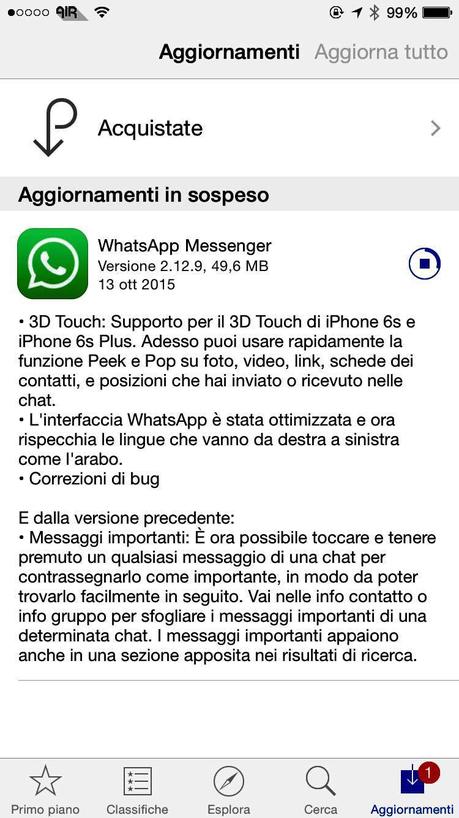 WhatsApp iOS – Arriva un nuovo aggiornamento che porta il supporto al 3D Touch dei nuovi iPhone 6S e 6S Plus, risposte rapide e messaggi importanti! [Aggiornato x6 Vers. 2.12.9]