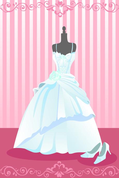 A vector illustration of a wedding dress and a pair of wedding shoes