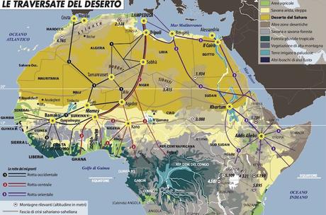 Tre sono i percorsi più battuti dai migranti transmediterranei: l’occidentale, il centrale e l’orientale, da www.limesonline.com