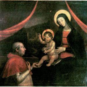 Il dipinto è Madonna con Gesù Bambino delle Mani del Pinturicchio databile attorno al 1492. Per cancellare lo scandalo (la Madonna ha il volto di Giulia Farnesi) il dipinto venne distrutto, ma l'opera venne vista da numerosi storici e artisti, compreso Vasari, e ne furono tratte delle copie, quella più fedele dal pittore mantovano Pietro Facchetti. Venne ridotta in frammenti anche la copia del Facchetti ma conservarono i frammenti più belli: il volto della Madonna e il Bambino.