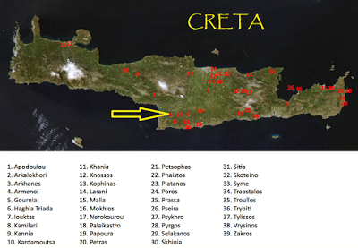 Archeologia. Haghia Triada, l’insediamento a Creta dei minoici, legato a Festos, che ha fornito le prime tavolette in Lineare A, un sistema di scrittura dell’inizio del II Millennio a.C. non ancora decifrato.