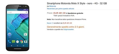 Promozione Motorola Moto X Style a 481 euro su Amazon Italia (e Moto X 2014 a 279 euro)