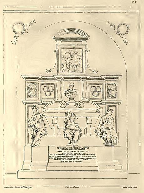 Firenze - Monumento a Michelangelo Buonarroti nella Chiesa di S.Croce  - Illustrazione tratta dal libro “Monumenti sepolcrali della Toscana” con disegni di V.Gozzini incisi da G.P.Pasino sotto la direzione del Cav. P.Benvenuti e L.De Cambray Digny – Firenze, 1819