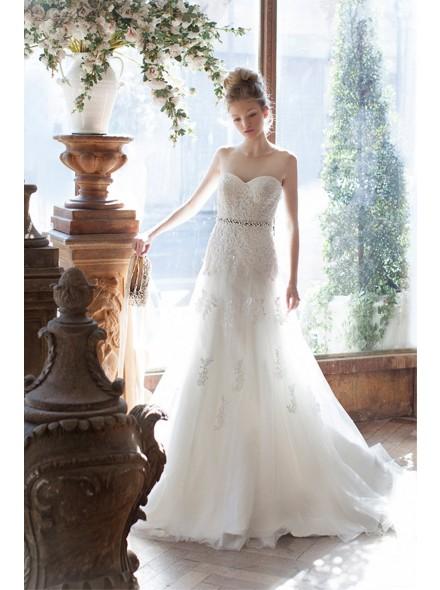 Dramatic Sweetheart Natural Train Tulle Ivory Sleeveless Wedding Dress with Sashes and Appliques LWXT1509F