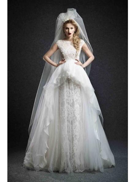 Modest Bateau Natural Train Tulle Ivory Sleeveless Wedding Dress with Appliques LWAT1501B