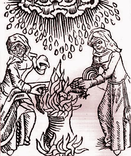 Basura, Brendana, Brundu add ingredients to a cauldron (woodcut, 1489).