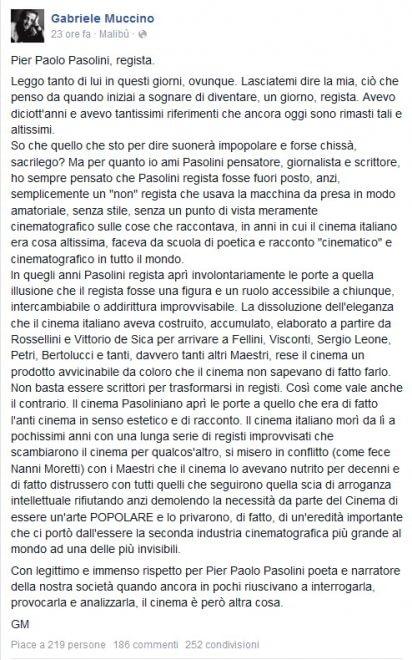 Muccino nell'occhio del ciclone: «Pasolini regista amatoriale»