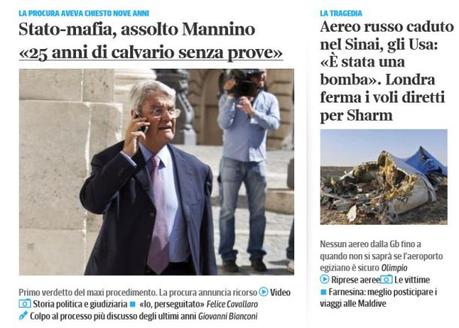 Screenshot dall'attuale Home del Corriere che neppure nel più remote occhiello dà notizia delle scottanti dichiarazioni di Corrdino Mineo...