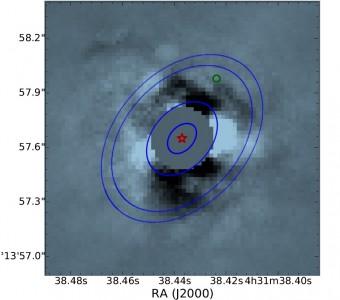 Il sistema di HL Tau ripreso nella banda infrarossa L' dal Large Binocular Telescope. La stella (la cui posizione è indicata dal simbolo rosso) è stata mascherata per aumentare il contrasto del disco di polveri. La ripresa non ha individuato sorgenti puntiformi. Il cerchietto verde indica la posizione di un protopianeta segnalato in uno studio del 2008 (Greaves et al.) ma non confermato. Le due ellissi in blu indicano la posizione degli anelli scuri che presentano il maggiore contrasto nell'immagine di ALMA. Crediti: Testi et al, 2015