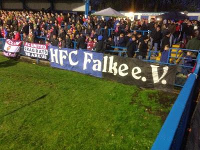 (VIDEO)HFC Falke e.V.'s fans show support to FC United of Manchester for the FA Cup clash