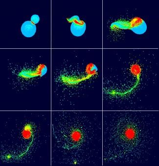 Fotogrammi tratti dalla simulazione della collisione tra la nascente Terra e un protopianeta delle dimensioni di Marte, dove i colori indicano la temperatura delle particelle. Crediti: R. Canup, SwRI