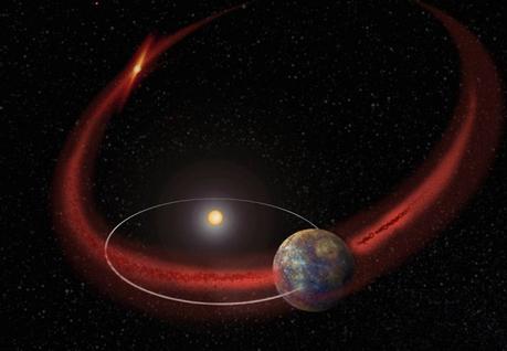 Mercurio sembra subire una pioggia di meteoriti che ricorre quando la sua orbita incrocia la scia detriti lasciati dalla cometa Encke (rappresentazione artistica). Crediti: NASA/Goddard