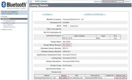 Samsung Galaxy A9 certificazione Bluetooth SIG