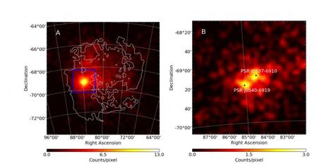 Riquadro A Mappa gamma (sull’intero intervallo di energia coperto dalla missione Fermi) di una regione di 10x 10 gradi centrata sulla Grande Nube di Magellano. Il contorno bianco mostra la forma della galassia misurata dall’emissione dell’idrogeno neutro. Riquadro B zoom nella regione di 2x2 gradi centrata su 30 Doradus, ottenuta selezionando solo i fotoni con energia superiore a 2 GeV. Due sorgenti, corrispondeti ai pulsar PSR J0540−6919 and PSR J0537−6910 emergono chiaramente.
