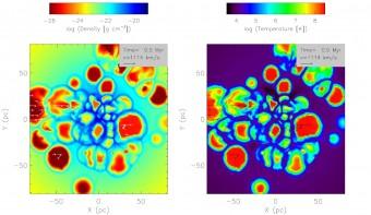 Sezione bidimensionale del mezzo interstellare nella simulazione, calcolata ad un tempo di 0.5 milioni di anni. Nel pannello di sinistra è indicata la densita' del gas, mentre in quello di destra è riportata la sua temperatura. A questa epoca, i venti stellari stanno dando luogo a cavita' calde e rarefatte, le quali interagendo causano forte compressione del gas in corrispondenza dei punti di contatto delle varie bolle. Crediti: Calura et al.