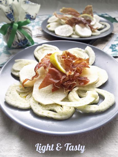 Carpaccio di topinambur e cuore di finocchio con prosciutto croccante