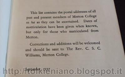 Tolkien nell'indirizzario del Merton College, 1955, e altre pubblicazioni mertoriane