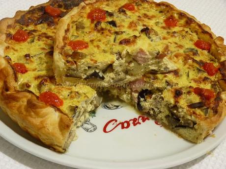 Torta salata con melanzane, ricotta, wurstel e profumo di aneto