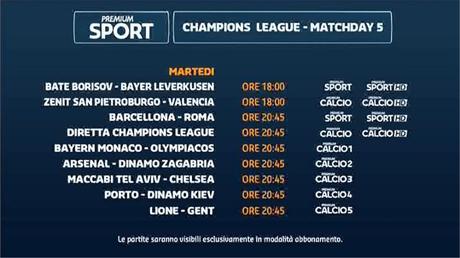 Premium Mediaset, Champions 5a giornata - Programma e Telecronisti