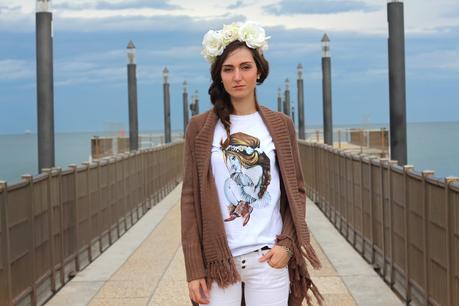 Fata d'autunno: maxi cardigan e la t-shirt Siamoises