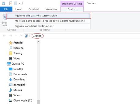 [Guida] Come aggiungere l’icona del Cestino nella barra di accesso di Esplora file in [Windows 10]