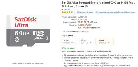Offerta Black Friday Amazon: microSD Sandisk 64 GB a 21 euro