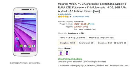 Motorola Moto G 2GB RAM a 199 euro su Amazon