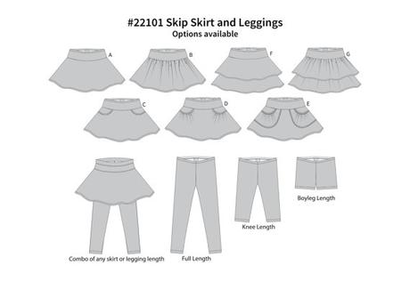 La Skip Skirt, un cartamodello di gonna per bambina, #22101 di Sew By Pattern Pieces. 10 taglie, 7 varianti, 3 lunghezze leggins, con la possibilità di attaccare i leggins alla gonna. Una recensione di www.cucicucicoo.com