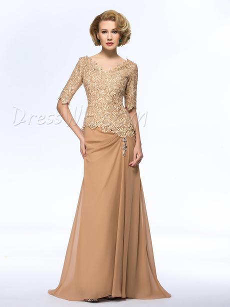 Dresswe.com SUPPLIES Vintage V-Neck Lace Beading A-Line Sweep Train Half Sleeves Mother of the Bride Dress Mother Dresses 2015