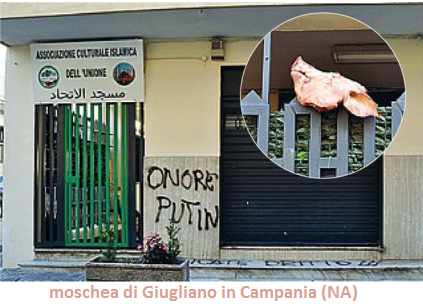 testa di maiale infilzata al cancello della moschea di Giugliano (NA)