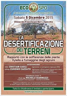 SPECCHIA – CONVEGNO SU “LA DESERTIFICAZIONE DEI TERRENI” SABATO 5 DICEMBRE.