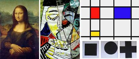 La Gioconda di Leonardo Da Vinci, un ritratto di Pablo Picasso, un'opera di Piet Mondrian e una di Kazimir Malevich