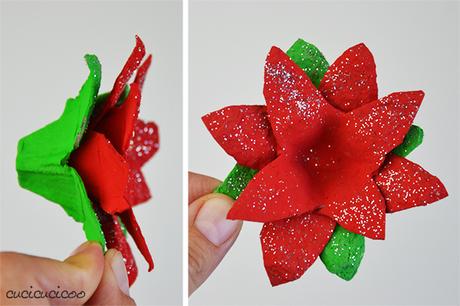 Crea stelle di natale fai da te di carta dai cartoni delle uova recuperati! Un progetto di riciclo per i bambini, per l’albero di Natale o da regalare! Tutorial a www.cucicucicoo.com