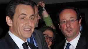 French President Nicolas Sarkozy speaks with Socialist Party candidate for the 2012 French presidential election Francois Hollande during the 'CRIF' (French Jewish community representative council) annual dinner, held at Pavillon d'Armenonville, in Paris, France on February 8, 2012. Photo by Christophe Guibbaud/ABACAPRESS.COM  # 307764_003