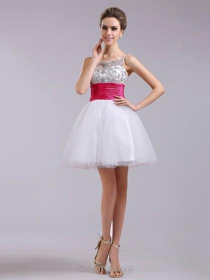 Short/Mini White Tulle Fuchsia Sashes Classic Square Neckline Crystal Detailing Prom Dress #JCD02051668