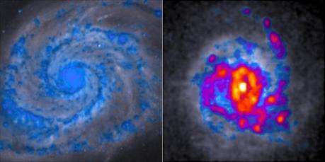 Le comuni galassie a spirale, come la Whirlpool galaxy alla sinistra dell’immagine, producono una quantità di stelle di gran lunga inferiore a quella prodotta dall’agglomerato visibile sulla destra. In rosso e giallo sono evidenziate le regioni più ricche di stelle. Crediti: Danail Obreschkow, ICRAR.