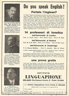 Pubblicità del Linguaphone con il nome di Tolkien, 1934