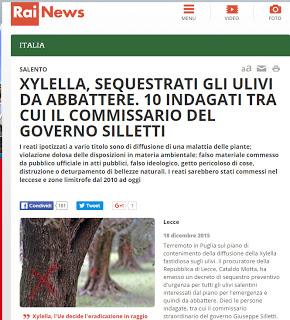 SALENTO XYLELLA, SEQUESTRATI GLI ULIVI DA ABBATTERE. 10 INDAGATI TRA CUI IL COMMISSARIO DEL GOVERNO SILLETTI