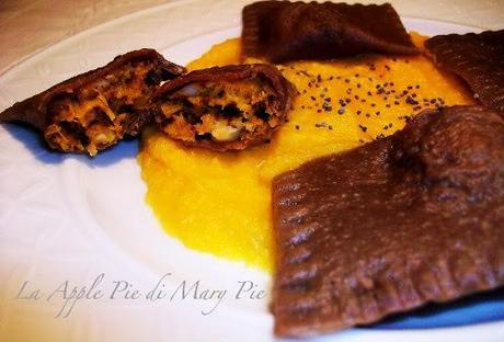 Ravioli di zucca e scampi di Mazara del Vallo con massa di cacao