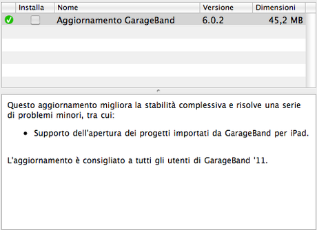 Disponibile un nuovo aggiornamento per GarageBand versione 6.0.2