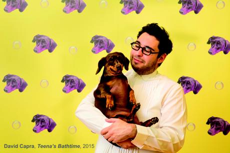 Portrait of MCA artist David Capra and his dog Teena. The Museum of Contemporary Art Australia celebrates the launch of artist David Capra’s playful and vibrant 2015 Bella Room Commission, which invites visitors to join in giving Teena the sausage dog a bath. May 25, 2015. Photo by Anna Kucera