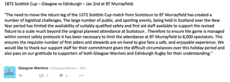 1872 Cup: Ufficiale, capienza del BT Murrayfield ridotta a 8mila spettatori per il ritorno di domani