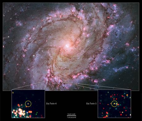 The nearby spiral galaxy M83 is currently the only one known to host two potential Eta Carinae twins. This composite of images from the Hubble Space Telescope's Wide Field Camera 3 instrument shows a galaxy ablaze with newly formed stars. A high rate of star formation increases the chances of finding massive stars that have recently undergone an Eta Carinae-like outburst. Bottom: Insets zoom into Hubble data to show the locations of M83's Eta twins. Credits: NASA, ESA, the Hubble Heritage Team (STScI/AURA) and R. Khan (GSFC and ORAU)