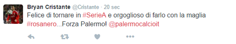 Foto, Cristante tweetta: “Orgoglioso di tornare in Serie A col Palermo. Forza rosanero!”