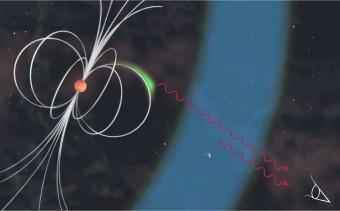 La pulsar del Granchio è una stella di neutroni (la sfera in color arancio) dotata di un intenso campo magnetico (indicato dalle linee bianche) che ruota attorno al suo asse 30 volte ogni secondo, iniettando elettroni energetici nello spazio attorno ad essa. Le zone indicate in verde e blu individuano differenti zone dove può avvenire l'accelerazione delle particelle che, a loro volta, producono fotoni di altissima energia.La regione indicata dal colore verde si trova in prossimità della magnetosfera della pulsar, mentre la zona blu potrebbe torvarsi fino a 100.000 km dalla pulsar. Crediti: Patricia Carcelén Marco